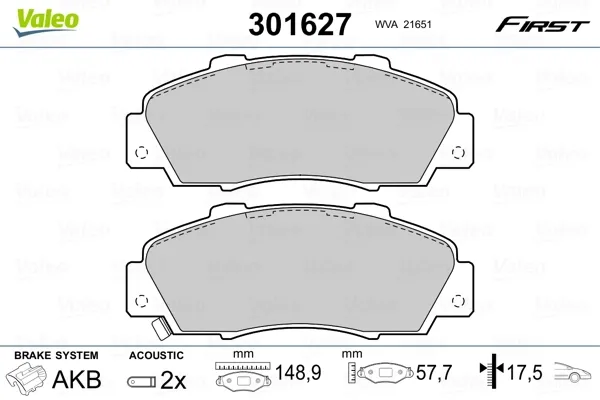 Передние тормозные колодки 301627 VALEO