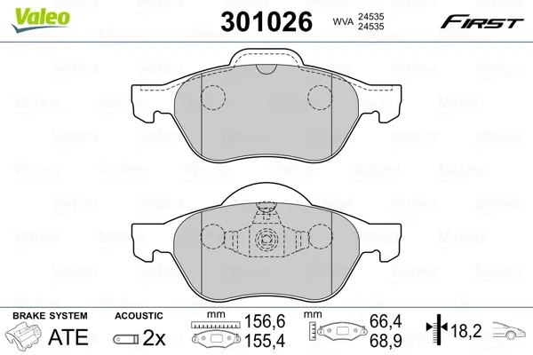 Передние тормозные колодки 301026 VALEO