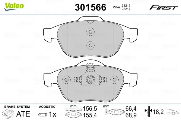 Передние тормозные колодки 301566 VALEO