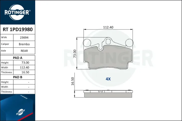 Задние тормозные колодки RT1PD19980 Rotinger
