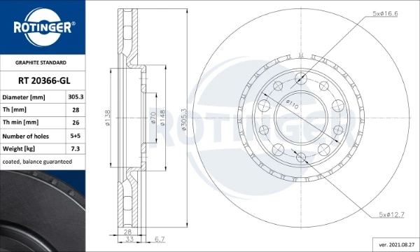 Передние тормозные диски RT20366GL Rotinger