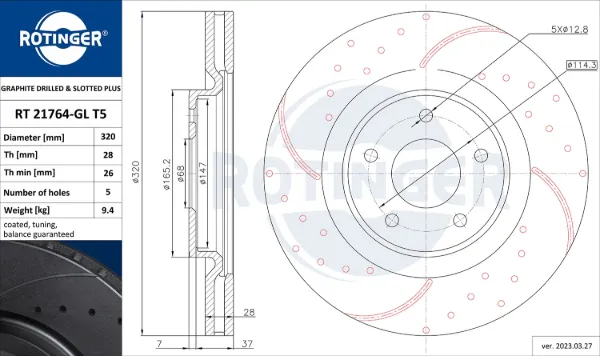 Передние тормозные диски RT21764GLT5 Rotinger