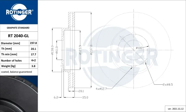 Передние тормозные диски RT2040GL Rotinger