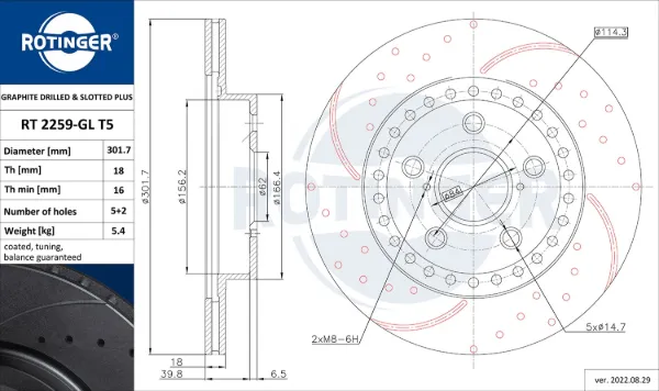 Передние тормозные диски RT2259GLT5 Rotinger