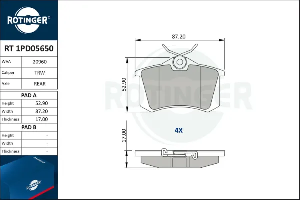 Задние тормозные колодки RT1PD05650 Rotinger