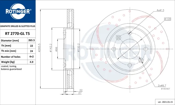 Передние тормозные диски RT2770GLT5 Rotinger