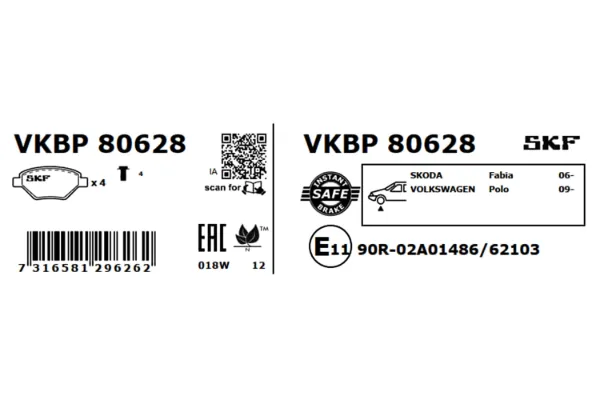 Передние тормозные колодки VKBP80628 SKF