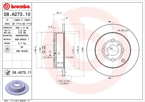 Тормозные диски 08A27311 Brembo