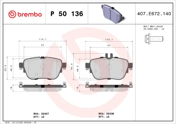 Задние тормозные колодки P50136 Brembo