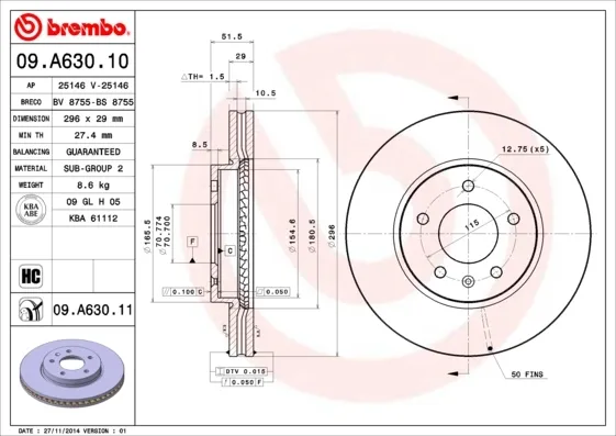 Передние тормозные диски 09A63010 Brembo