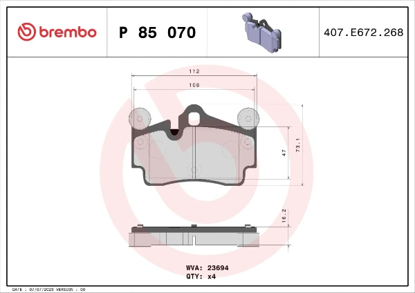 Задние тормозные колодки P85070 Brembo