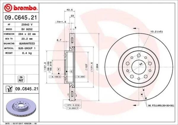 Передние тормозные диски 09C64521 Brembo