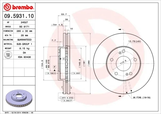 Передние тормозные диски 09593110 Brembo