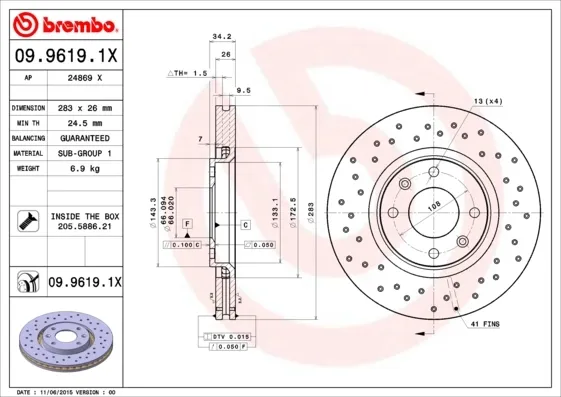 Передние тормозные диски 0996191X Brembo