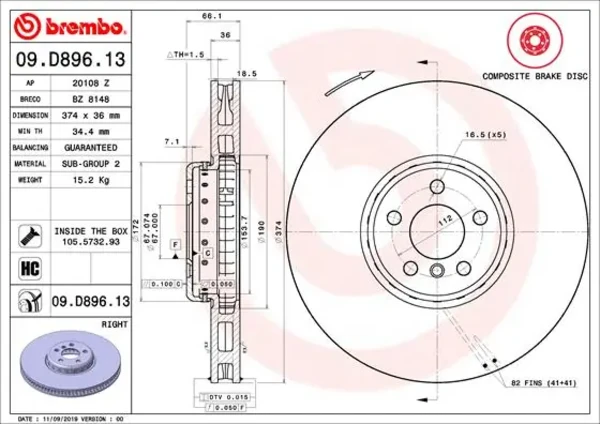 Тормозные диски 09D89613 Brembo