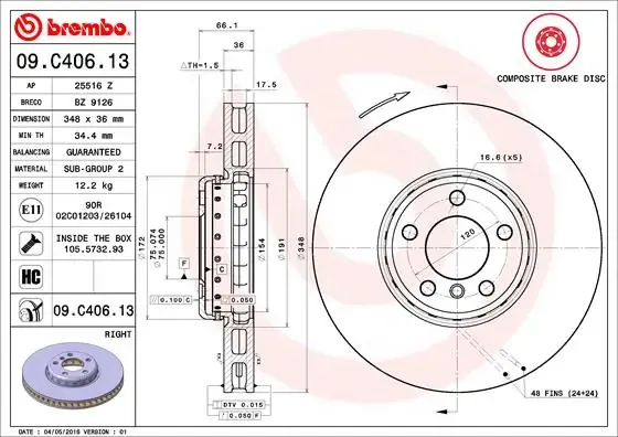 Передние тормозные диски 09C40613 Brembo