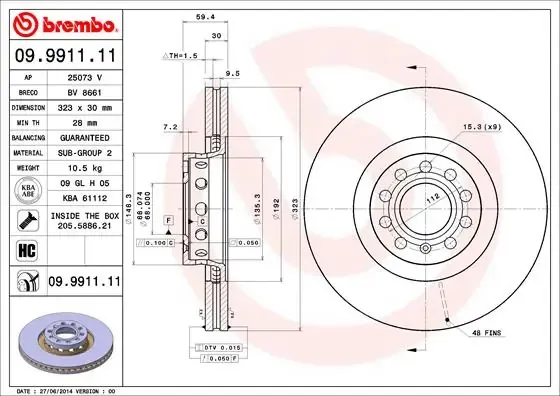 Передние тормозные диски 09991111 Brembo