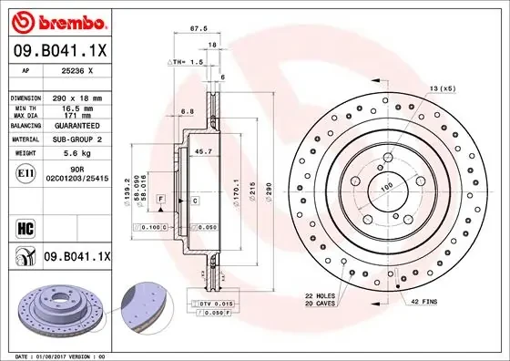 Тормозные диски 09B0411X Brembo
