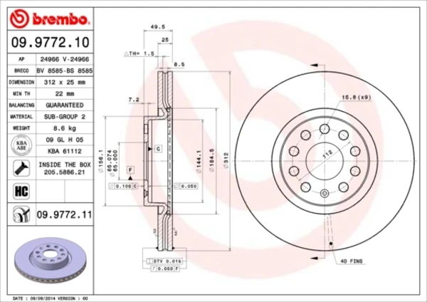 Диск тормозной передний BREMBO 09977211