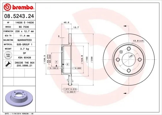 Передние тормозные диски 08524324 Brembo