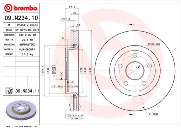 Диск тормозной передний BREMBO 09N23411
