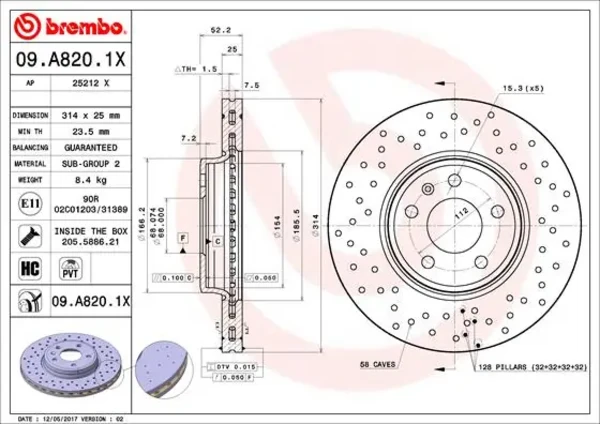 Передние тормозные диски 09A8201X Brembo