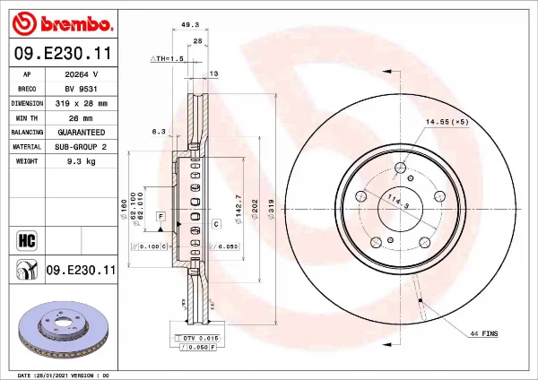 Передние тормозные диски 09E23011 Brembo