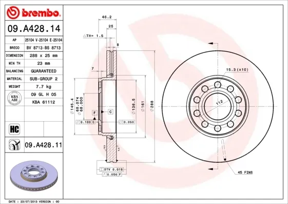 Передние тормозные диски 09A42811 Brembo