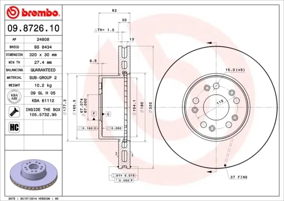 Передние тормозные диски 09872610 Brembo