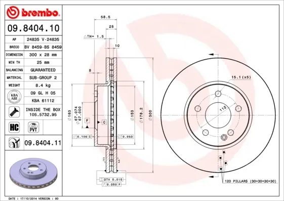 Передние тормозные диски 09840411 Brembo
