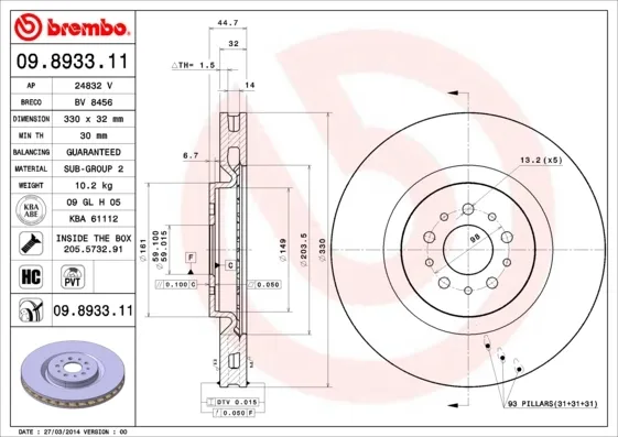Передние тормозные диски 09893311 Brembo