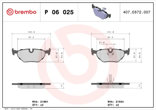 Задние тормозные колодки P06025 Brembo