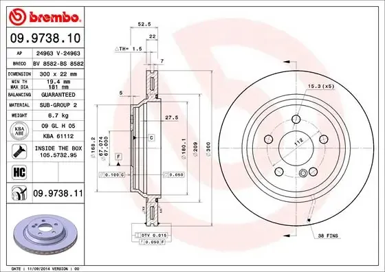 Тормозные диски 09973811 Brembo