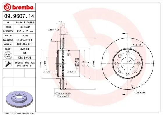Передние тормозные диски 09960714 Brembo