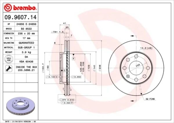 Передние тормозные диски 09960714 Brembo