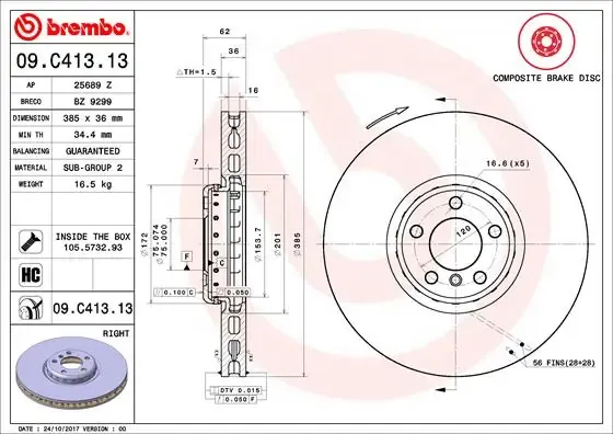 Передние тормозные диски 09C41313 Brembo