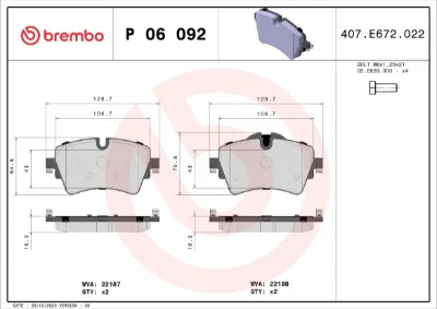 Колодки тормозные передние дисковые BREMBO P06092