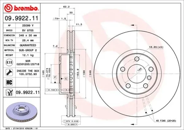 Диск тормозной передний BREMBO 09992211