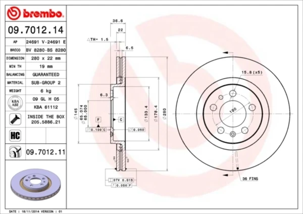 Передние тормозные диски 09701214 Brembo