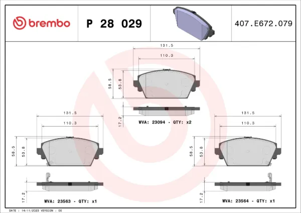 Передние тормозные колодки P28029 Brembo