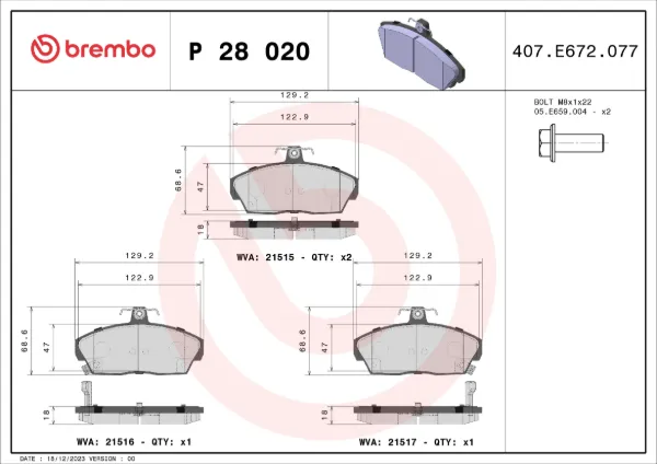 Передние тормозные колодки P28020 Brembo