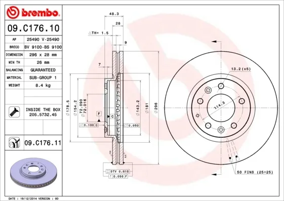 Передние тормозные диски 09C17611 Brembo