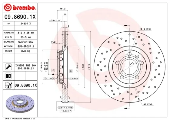 Передние тормозные диски 0986901X Brembo