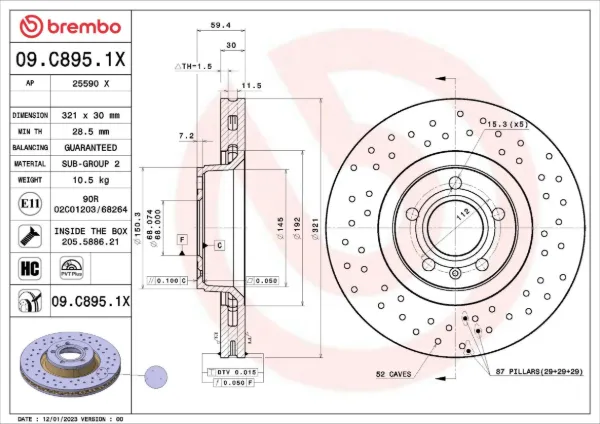 Передние тормозные диски 09C8951X Brembo