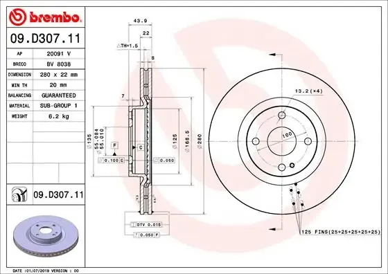 Передние тормозные диски 09D30711 Brembo