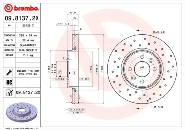 Передние тормозные диски 0981372X Brembo