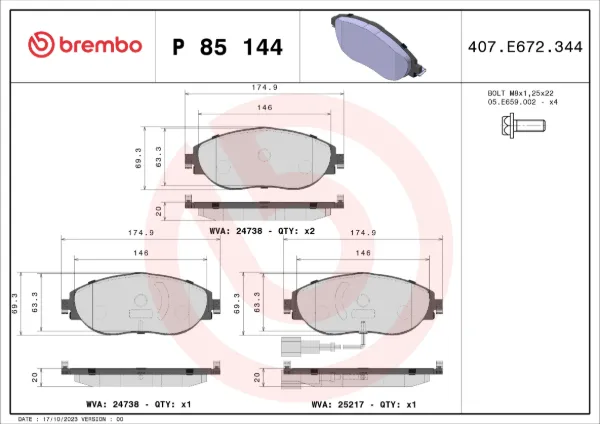 Передние тормозные колодки P85144X Brembo