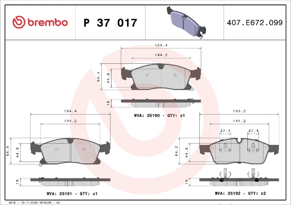 Передние тормозные колодки P37017 Brembo