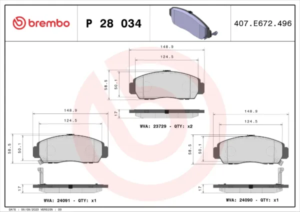 Передние тормозные колодки P28034X Brembo