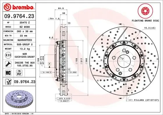 Передние тормозные диски 09976423 Brembo